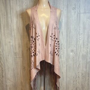 LaBellum Boho Festival Western Pink Laser Cut Faux Suede Fringe Vest    M/L